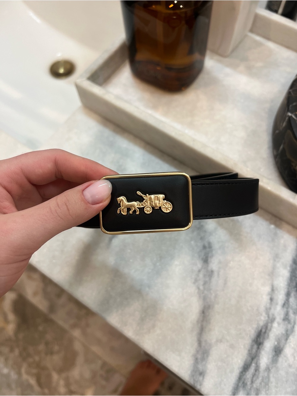 Coach Black Leather Belt with Gold Carriage Plaque Buckle